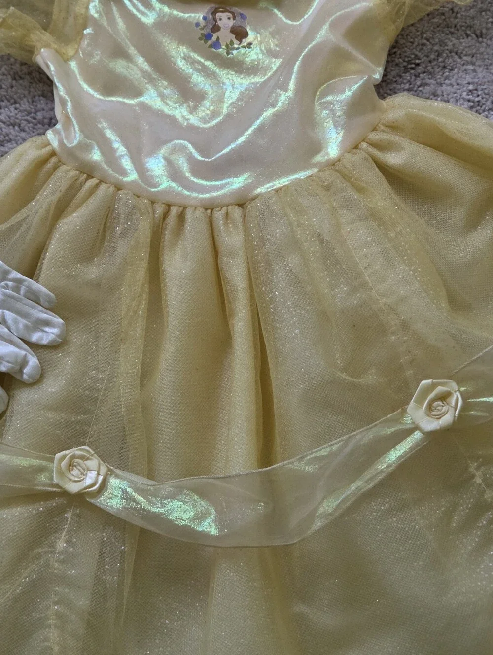 Vintage 2004 Disney Belle Princess Ball Costume Dress Shoes Tiara Gloves Sz. 4/5